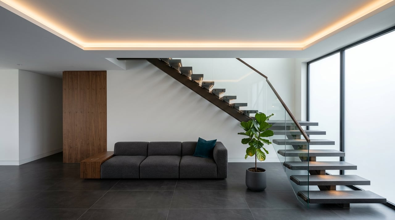 Floating dark stone staircase descends beside a glass wall into a great room with charcoal seating and walnut paneling.