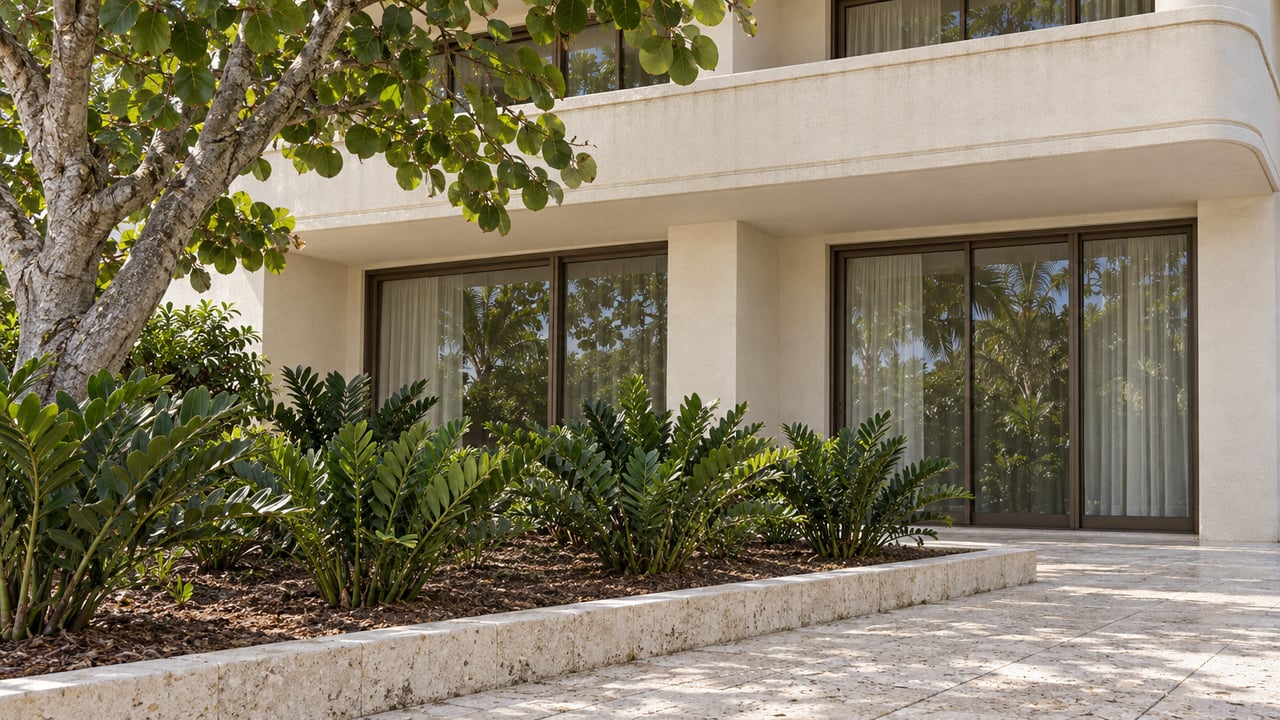 Ivory stucco condominium facade with bronze-framed glass, shell-limestone paving, a mature sea grape and coontie planting.