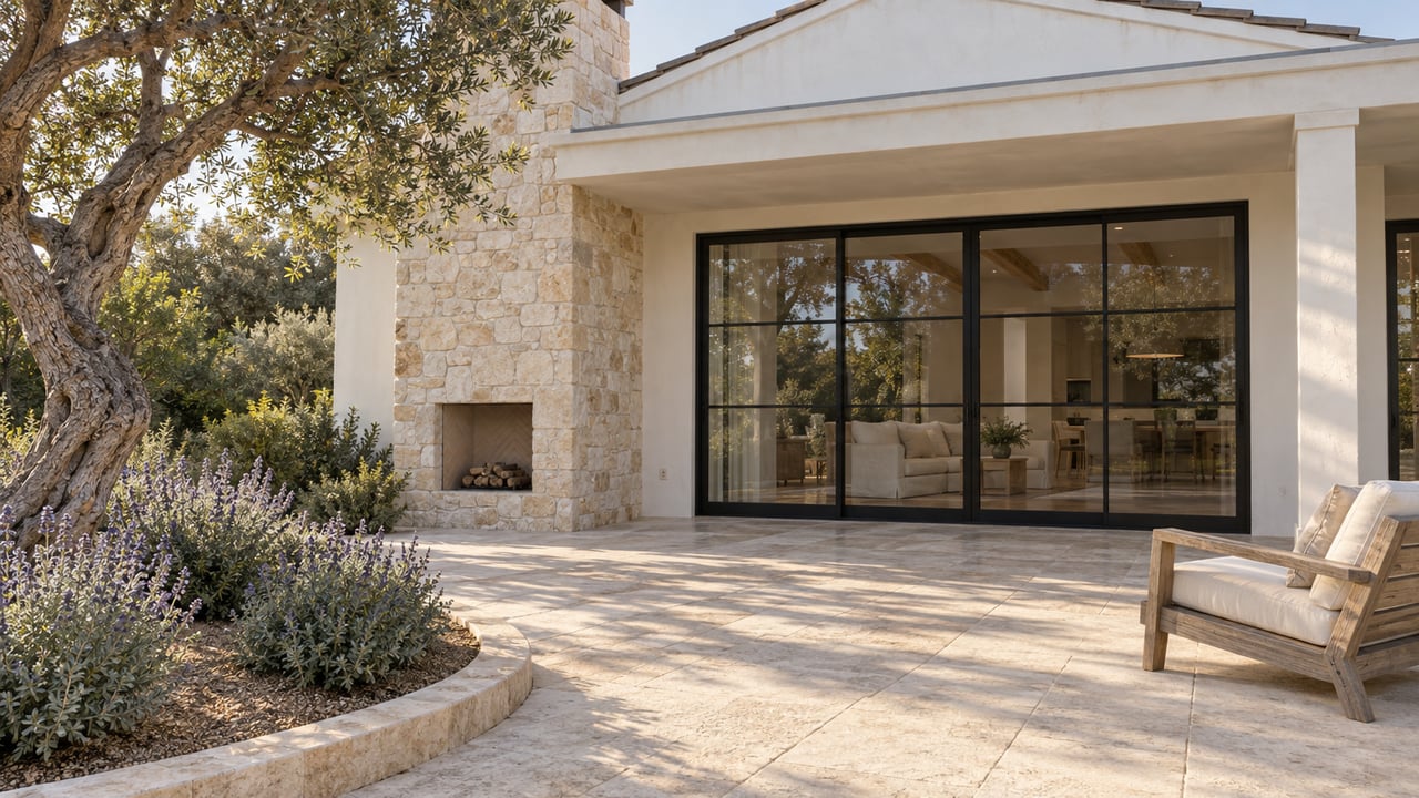 Sunlit limestone terrace beside a white home with black-framed glass doors, a pale stone chimney and a sculptural olive tree.