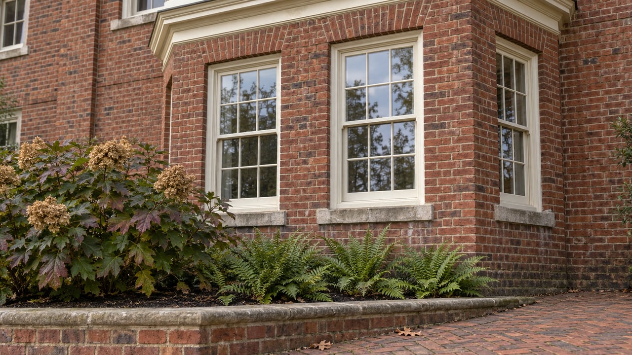 Cream-painted sash windows in a red-brick bay above oakleaf hydrangea, evergreen ferns, and a weathered brick approach.