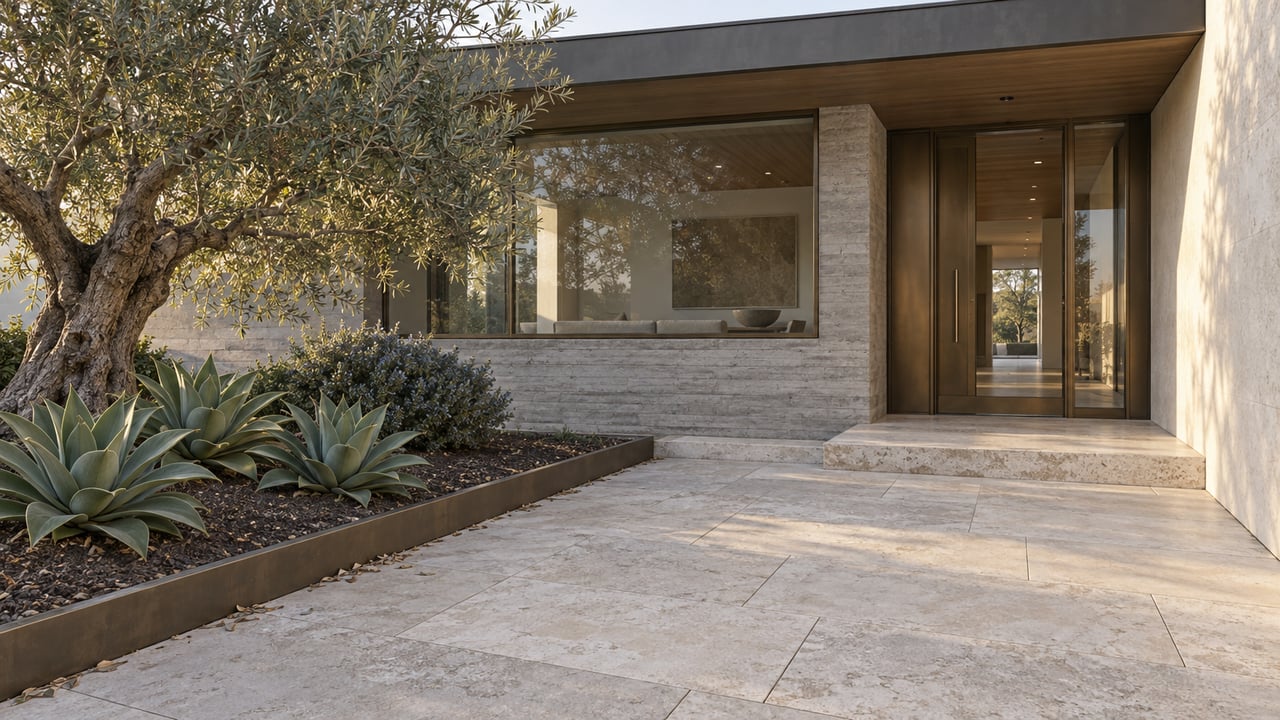 Limestone entry court leads to a modern home with a recessed glass door, olive tree, and agaves.