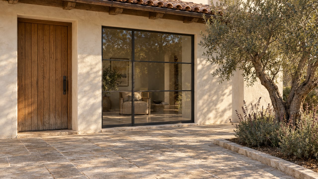 Sunlit limestone entry terrace with an oak front door, ivory stucco, steel-framed glazing and a mature olive tree.