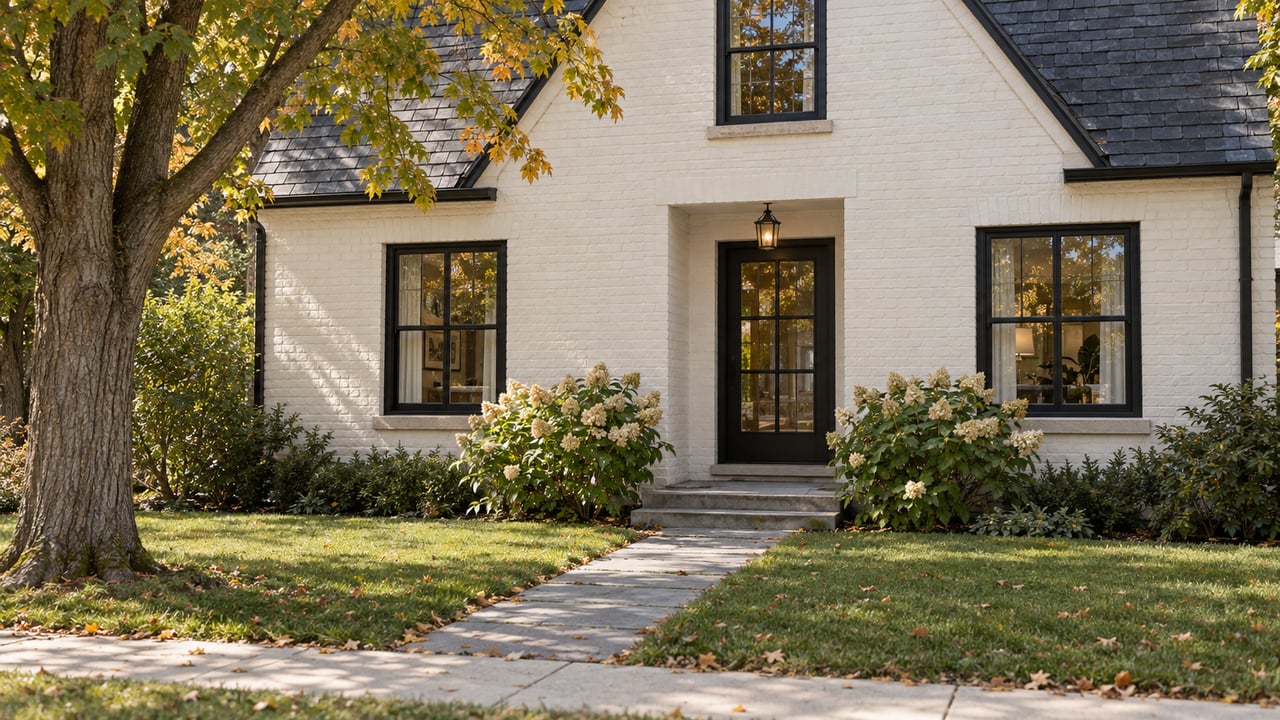 Off-white brick two-story house with a recessed glazed door, stone walkway, hydrangeas, and a mature maple.