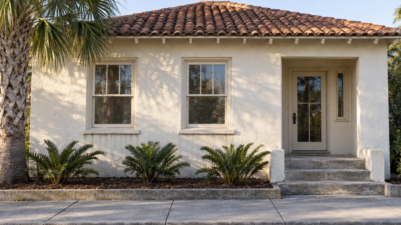 Older stucco home with a clay-tile roof, sash windows, recessed front door, and three concrete steps.