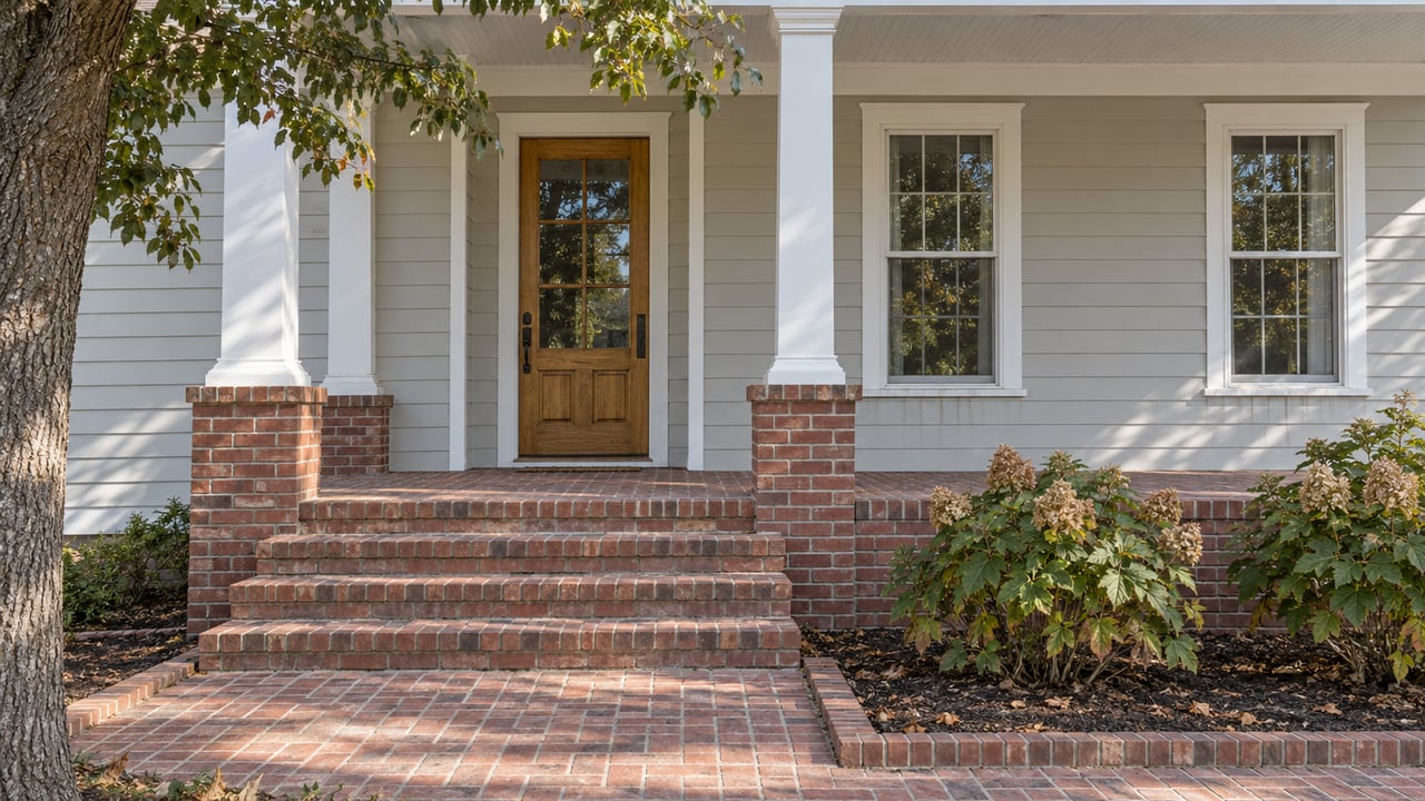 Pale-sided raised home with a shaded wooden entry door, brick porch steps and oakleaf hydrangeas beneath a mature live oak.