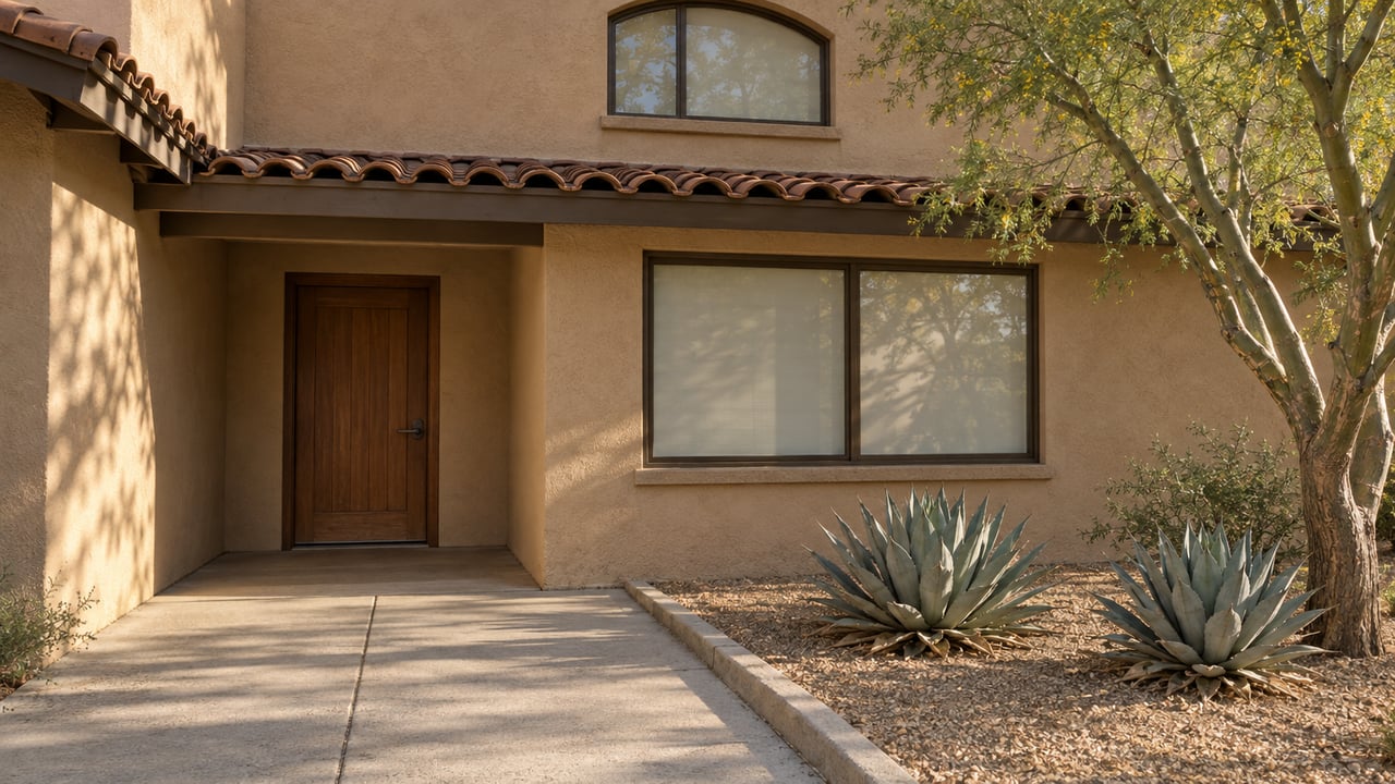 Tan stucco condominium entrance with bronze-framed windows, tiled eaves and a concrete path beside blue-gray agaves.