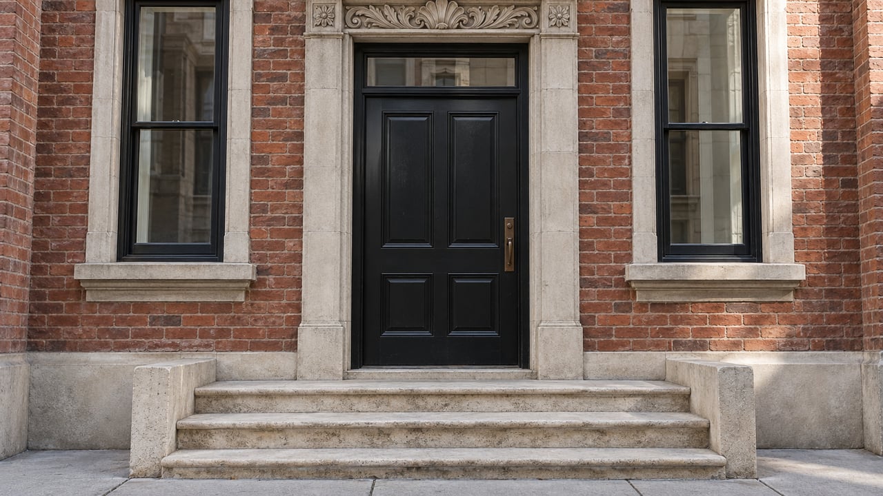 Closed black timber townhouse door beneath a carved limestone lintel, flanked by matching sash windows above worn limestone steps.
