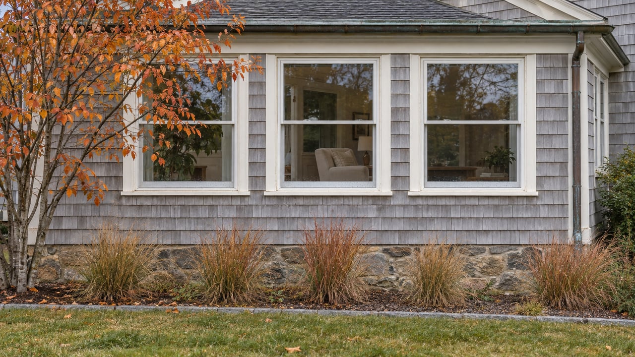 Silver-gray shingled home with three ivory-trimmed porch windows, a fieldstone foundation and copper-orange serviceberry leaves in an autumn garden.