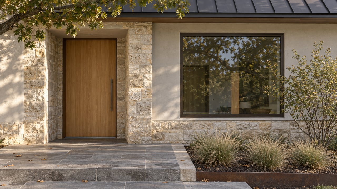 Honey-oak pivot door beside a bronze-framed window in a limestone-trimmed stucco entry.