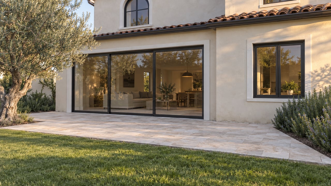 Cream stucco house with black-framed sliding doors, pale stone terrace, lawn, and a silvery olive tree.