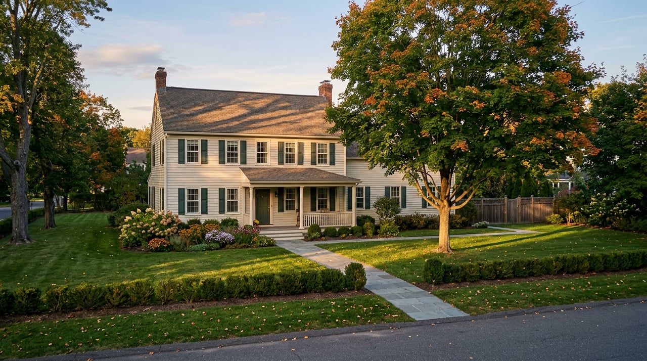 Two-story Colonial house with a gabled roof, porch, and landscaped lawn in warm late-afternoon sunlight.