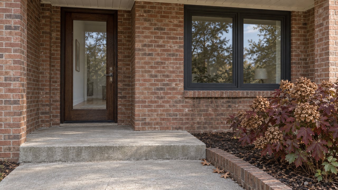A recessed oak-and-glass entry beside a dark-framed window, with red-brown brick, a concrete porch and autumn oakleaf hydrangea.