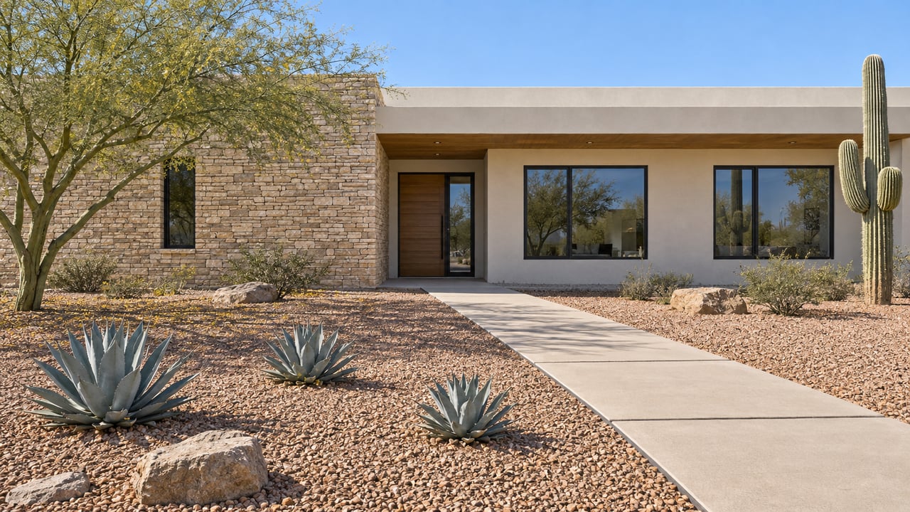 Low contemporary desert estate with ivory stucco, limestone, deep wood soffits and a broad concrete approach through a specimen-planted gravel garden.