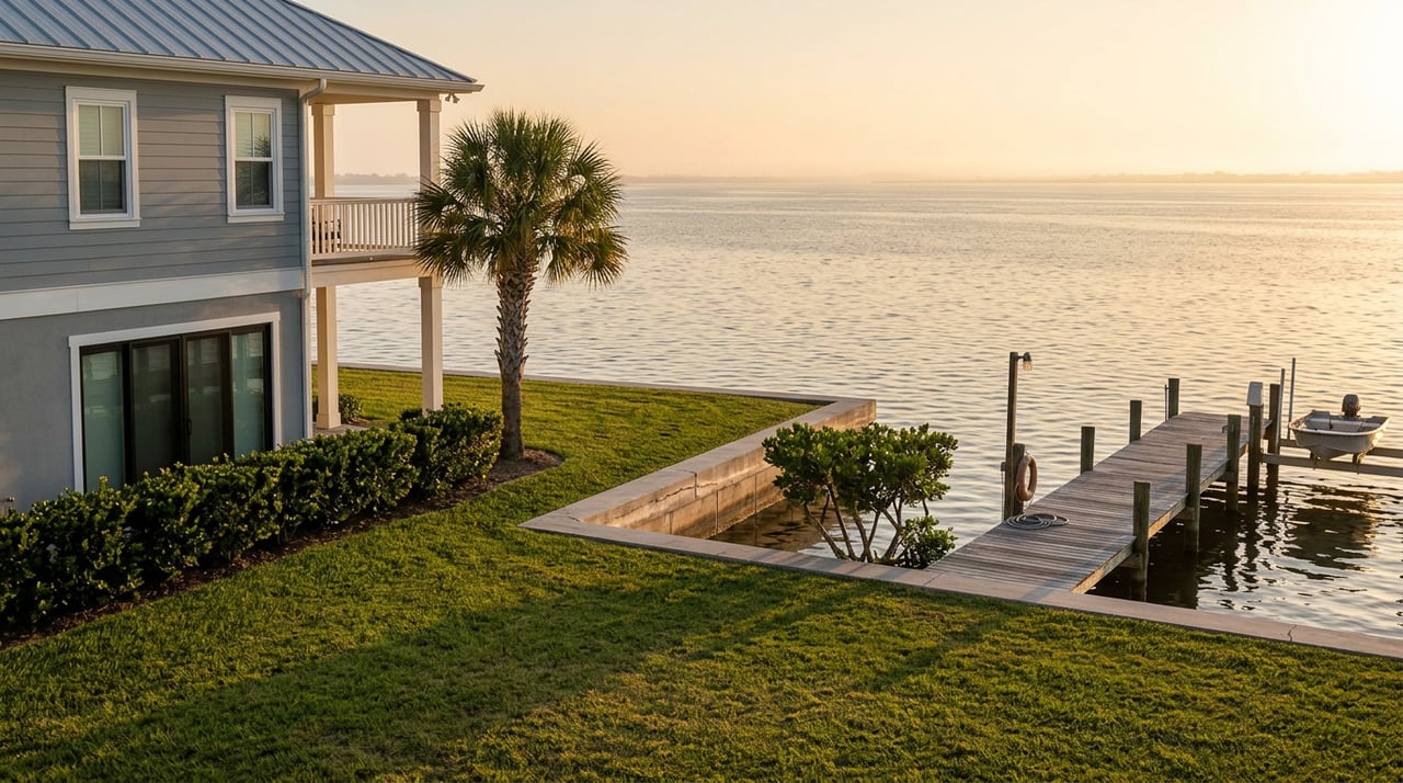 Waterfront lawn meets a concrete seawall beside a dock and moored skiff, with a palm.