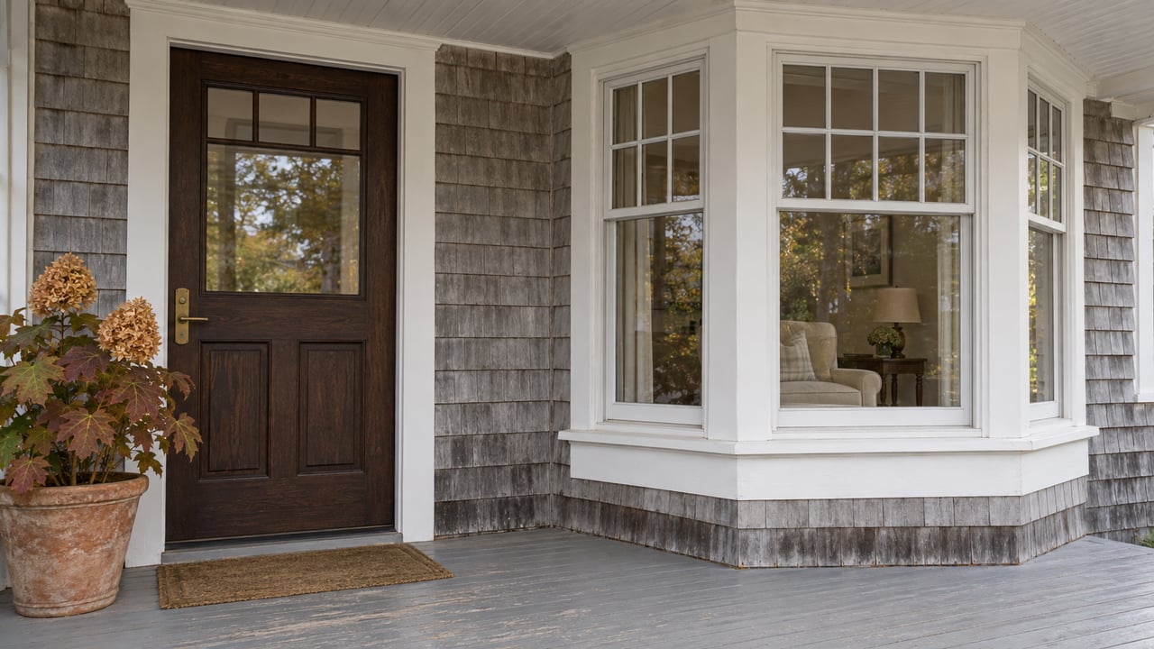 Weathered gray cedar shingles surround a dark wood entry and white-trimmed bay window above a worn painted porch, with one potted oakleaf hydrangea.