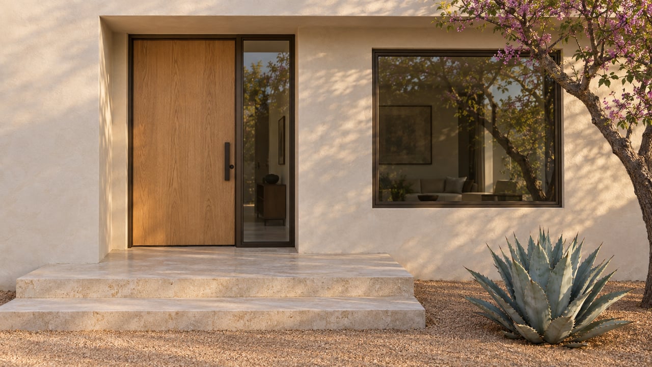 Desert home entry with a pale oak door, bronze-framed windows, limestone steps, and an agave.
