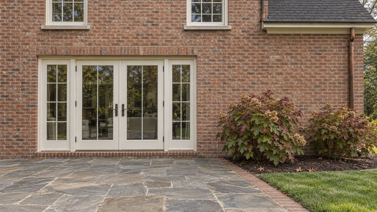 Rear brick elevation of an established home, with white-framed glazed double doors, a weathered flagstone terrace, and oakleaf hydrangeas beside a brick-edged planting bed.
