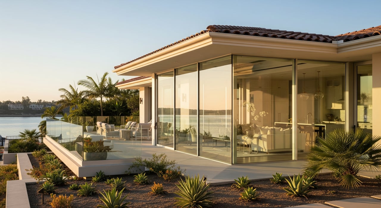 Modern glass-walled waterfront home with a tiled roof, terrace, palms, and low desert landscaping.