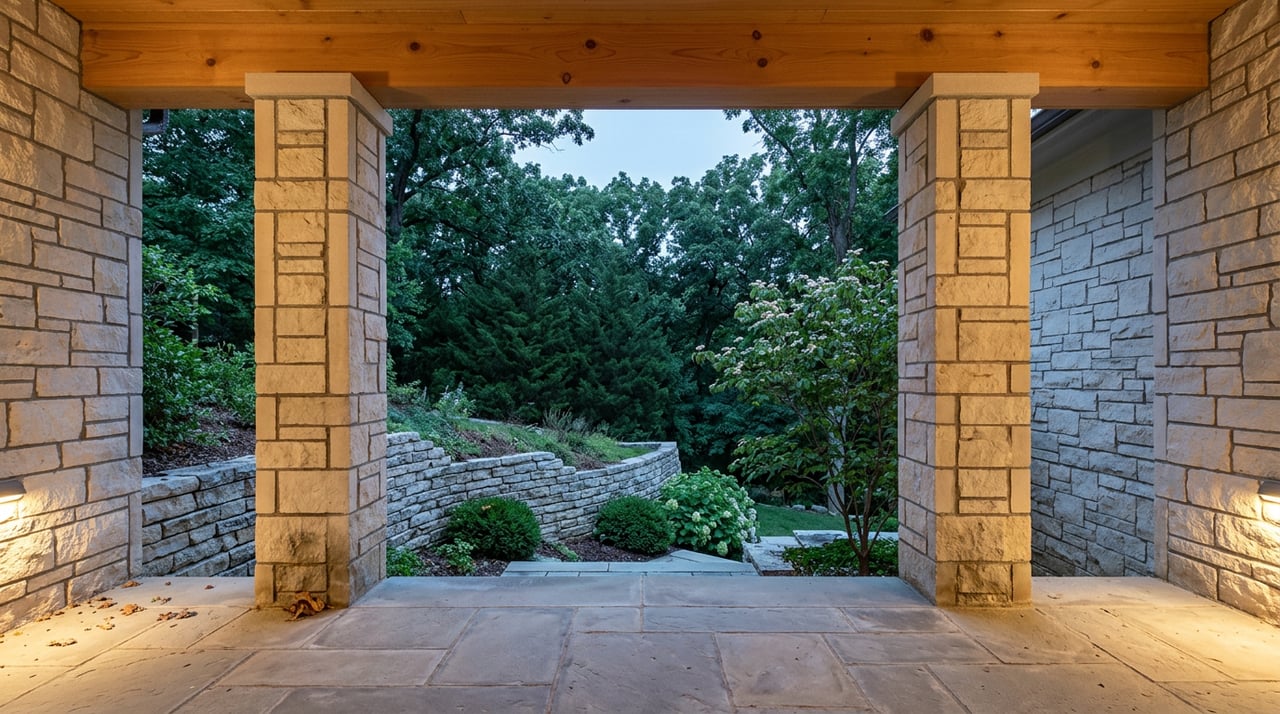 Limestone breezeway framed by square columns, warm sconces glowing over flagstone and a terraced garden.