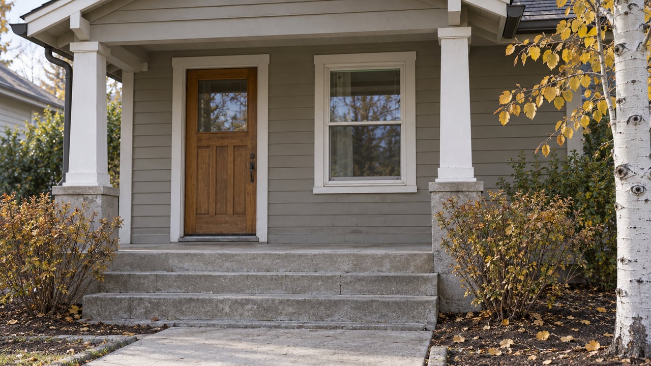 A quiet bungalow entry with gray lap siding, a wood door, concrete steps and sparse golden aspen leaves.