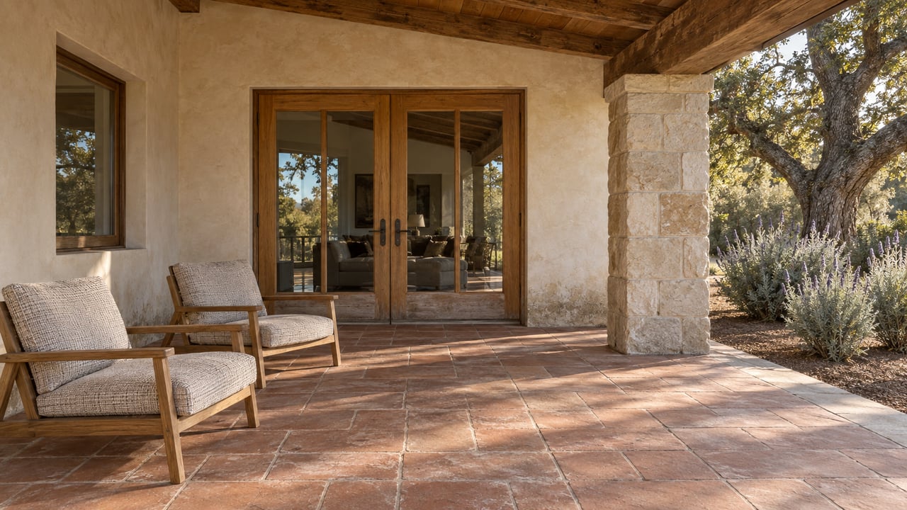 Covered estate terrace with timber-framed glass doors, lime plaster, terracotta paving and two wooden lounge chairs beside a sandstone pier.