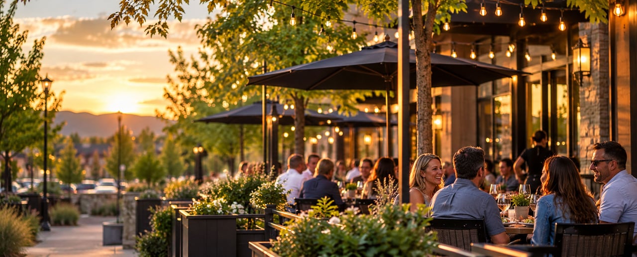 Friends enjoying outdoor dining on a lively neighborhood restaurant patio at sunset, representing local favorites in Highlands Ranch and South Metro Denver.