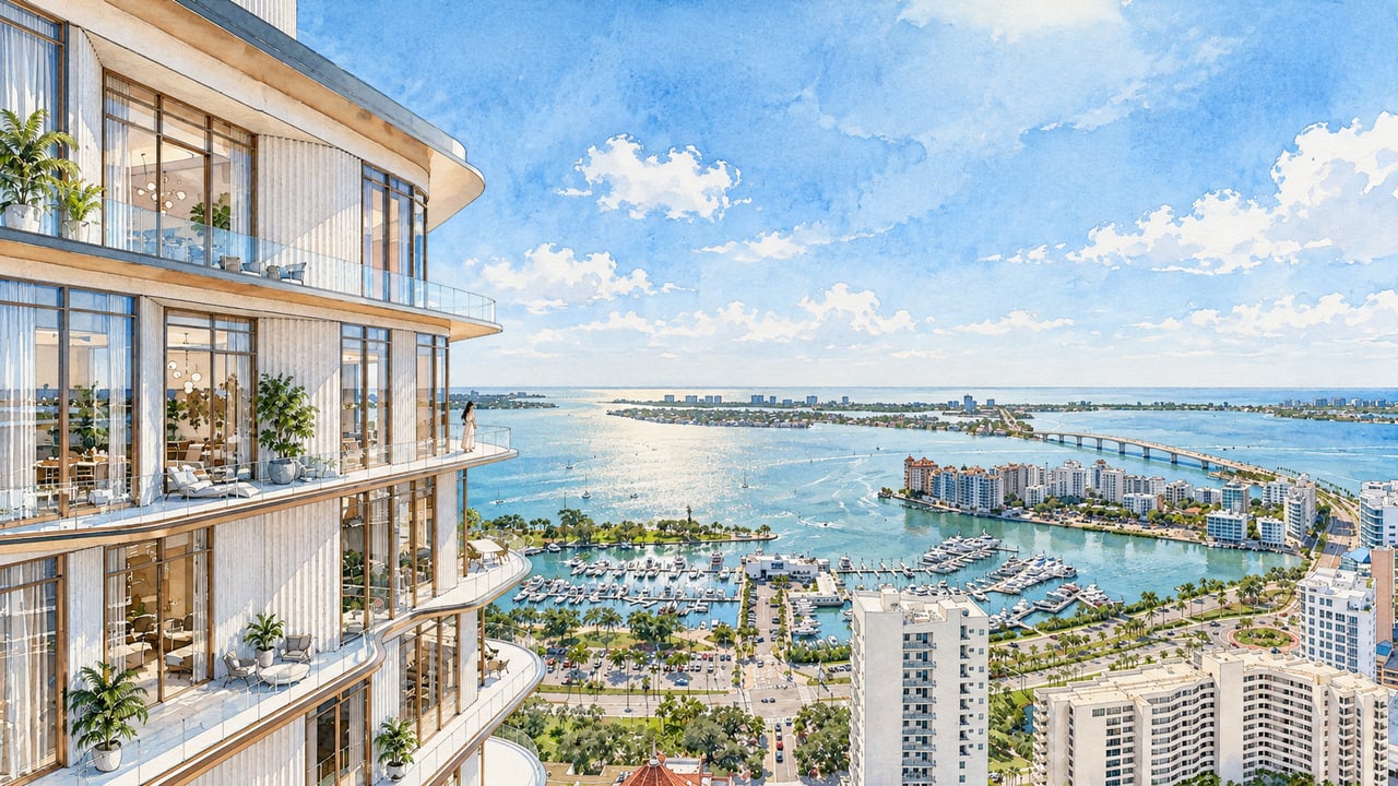 Waldorf Astoria Residences Sarasota overlooking a marina, Sarasota Bay, and a bridge.