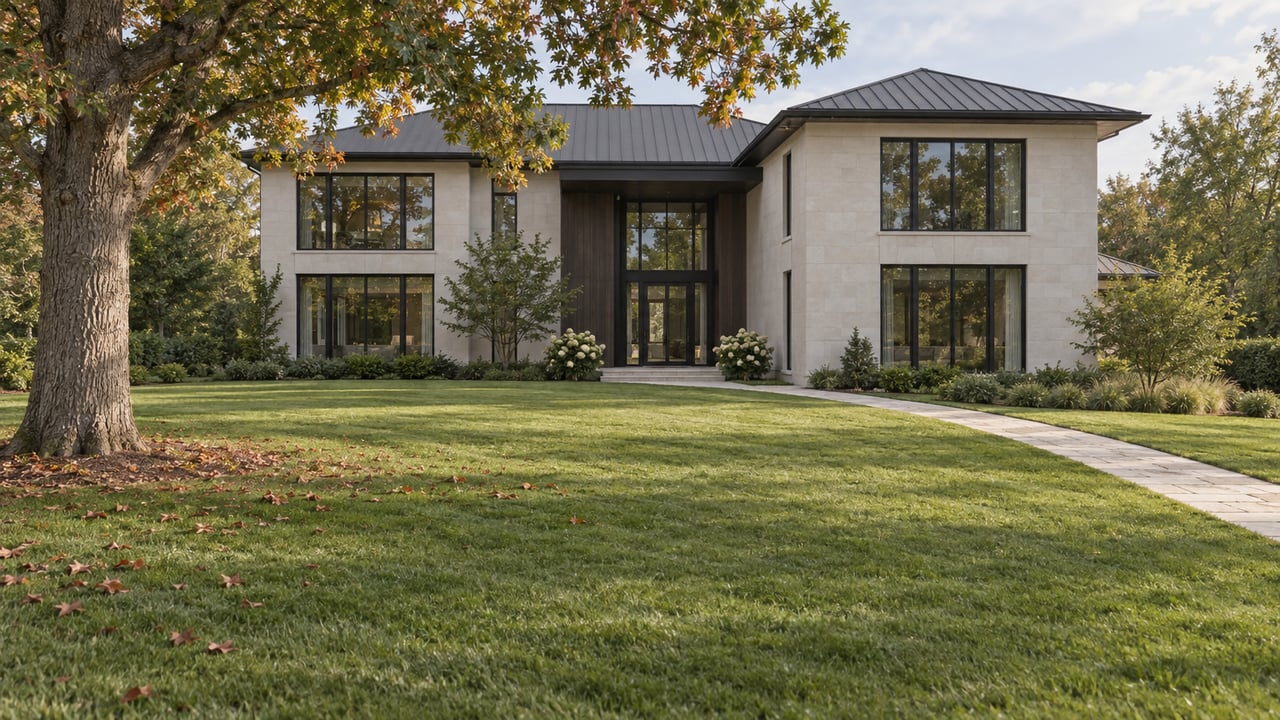Two-storey contemporary house set behind a broad lawn, with a limestone path, mature oak, and entry-side hydrangeas.