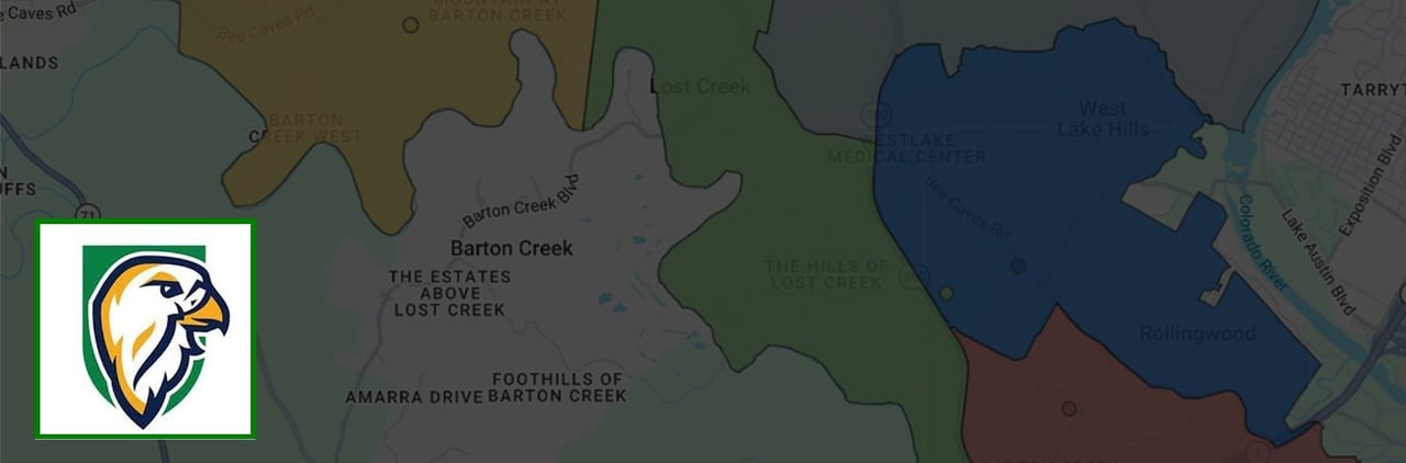 Map of Barton Creek and nearby neighborhoods with colored boundaries and an eagle mascot emblem.