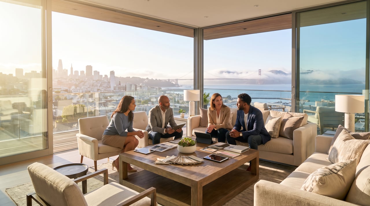 Four real estate professionals discuss materials in a sunlit living room overlooking San Francisco Bay.