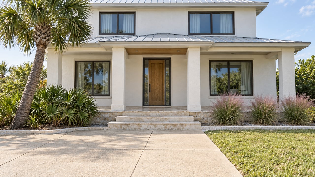 White stucco coastal home with a metal roof, limestone entry steps and carefully placed palms beside a sunlit front approach.