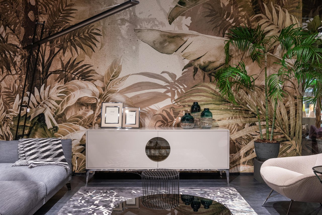 Tropical-themed living room with greenery