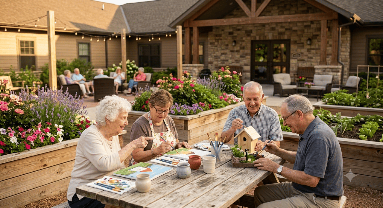 Seniors surrounded by pink and white flowers, and raised vegetables garden.
