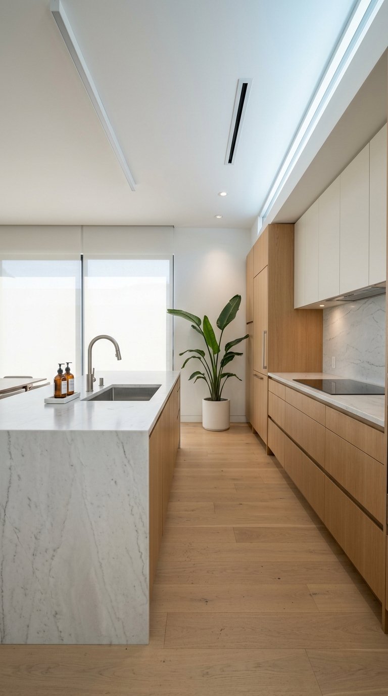 Modern kitchen with a honed white quartzite waterfall island and rift-cut white oak cabinetry.