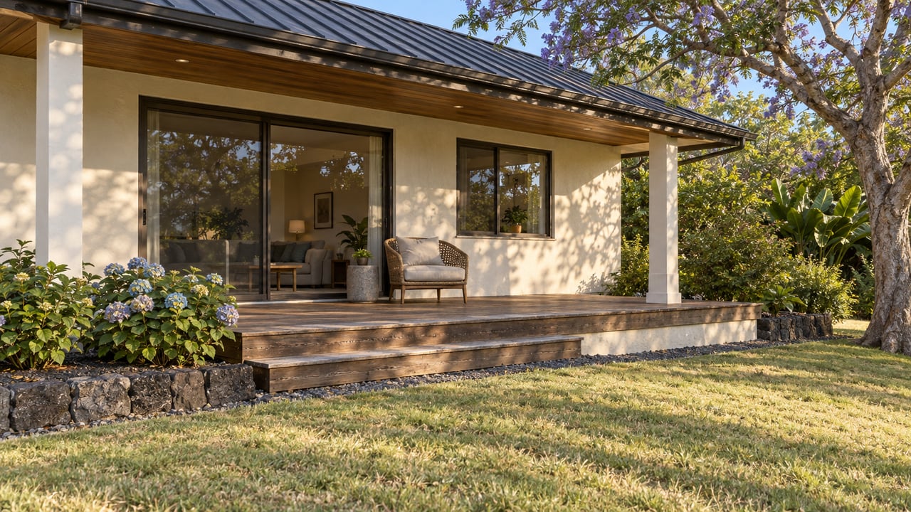 A cream stucco home with a shaded wood lanai, sloping lawn, a jacaranda tree and blue hydrangeas in warm afternoon light.