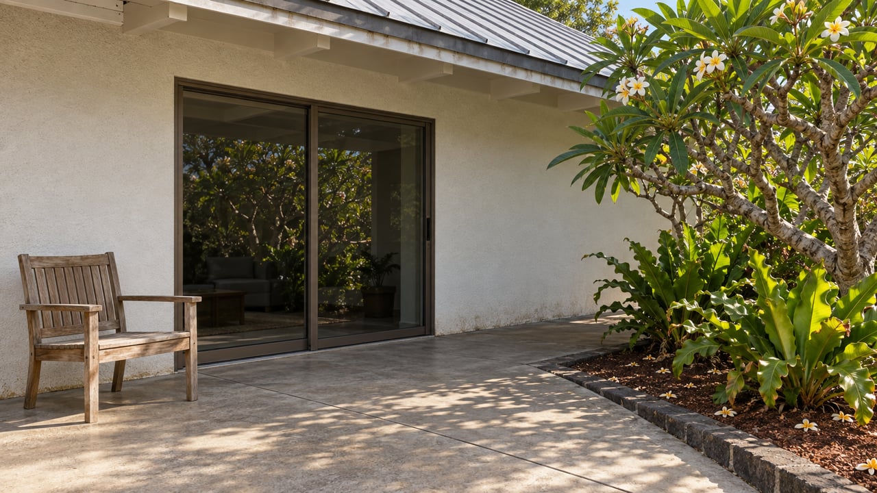 A pale stucco home opens onto a shaded concrete lanai with a weathered teak chair, basalt edging and flowering plumeria.