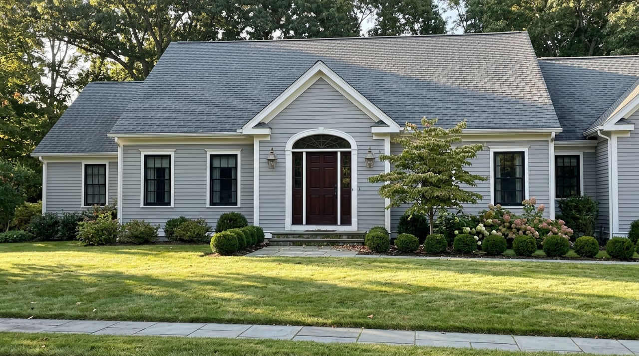 Gray clapboard home with a dark arched entry, bluestone walk, boxwood borders, and a gabled roof beneath mature trees.