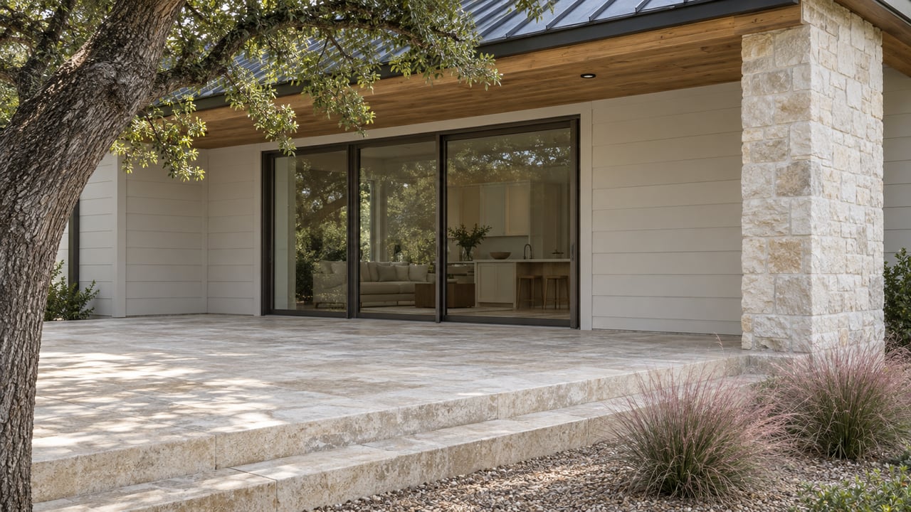 Limestone terrace steps beside a bronze-framed glass slider, pale siding, and a timber-soffit porch.