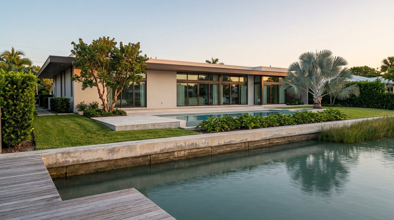 Contemporary waterfront residence with a flat roof, pool, lawn, and palms beyond still teal-grey water.