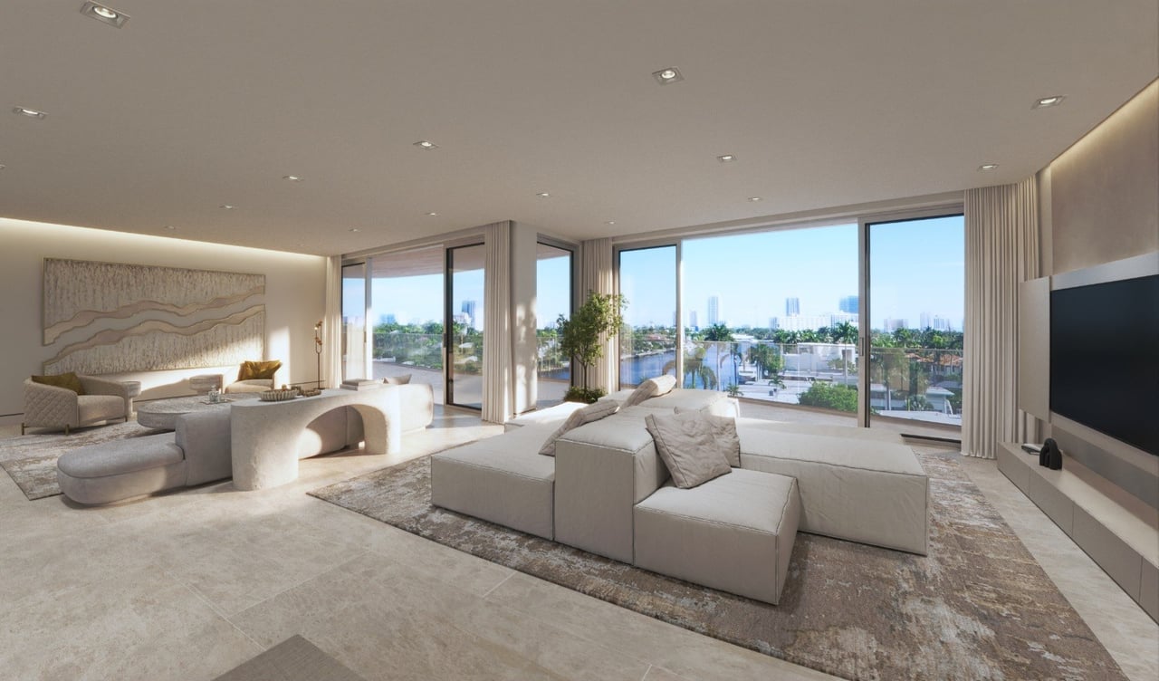 Rendering of open living and dining room at Lumière on Hendricks Isle in Fort Lauderdale.