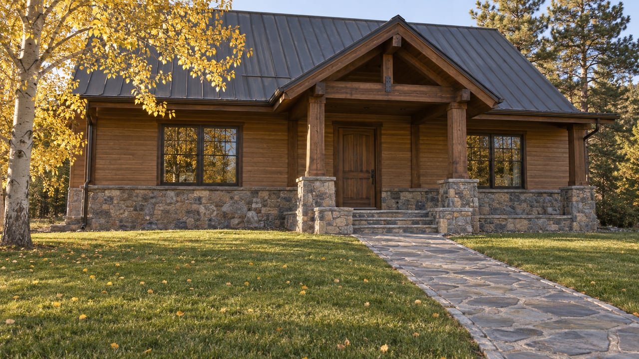 Timber-and-stone home with a covered porch, broad autumn lawn and stone approach beneath yellow aspen leaves.