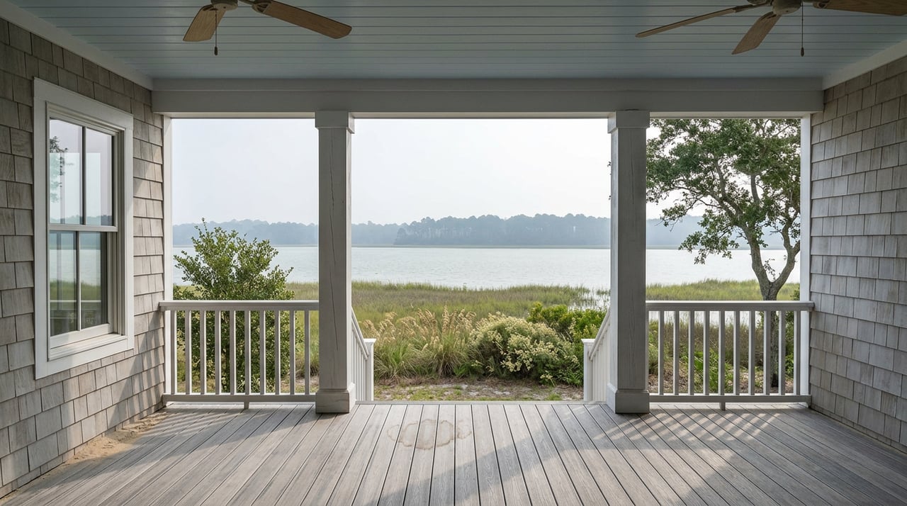 Covered porch frames marsh, still water, and distant trees beneath blue-gray ceiling fans.