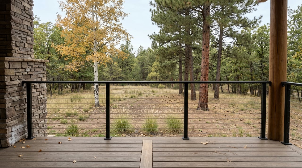 Elevated deck with black cable railing overlooks a grassy clearing, golden aspen, and mature pines.