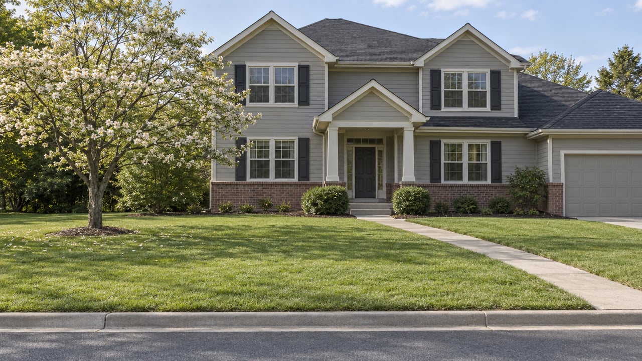 Two-story gray house with red-brown brick base, deep green lawn, and a concrete walkway beneath a flowering dogwood.