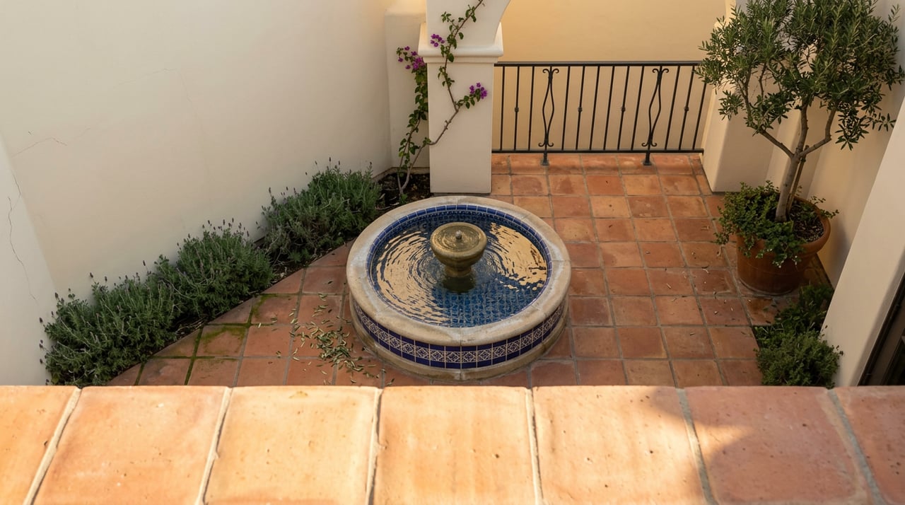 Terracotta courtyard with a blue-and-white tiled fountain, potted olive tree, and lavender along the stucco wall.