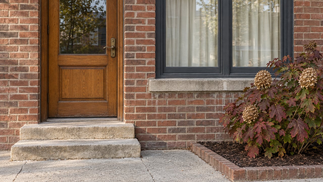 Weathered red-brick residential entrance with an oak door, limestone steps, a broad curtained window, and burgundy oakleaf hydrangea foliage.