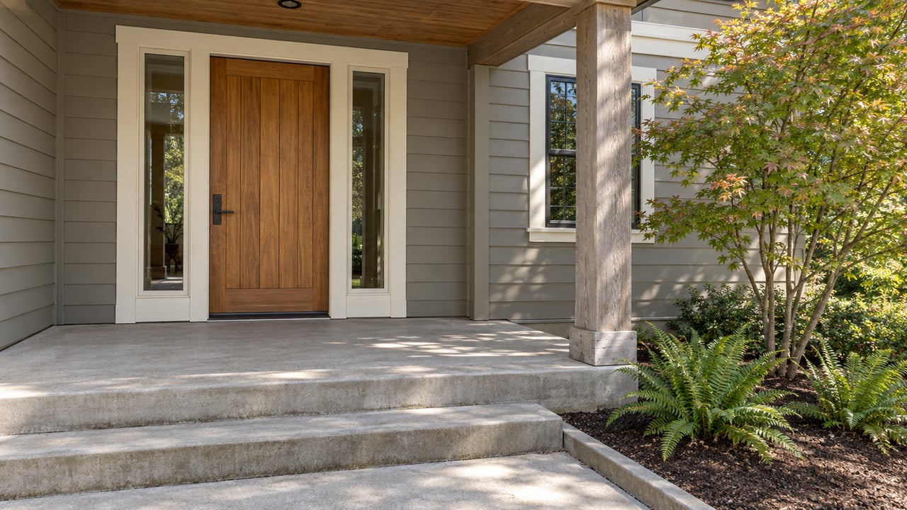 Cedar front door with paired sidelights beneath a timber porch, beside a vine maple and sword ferns in a curbed planting bed.