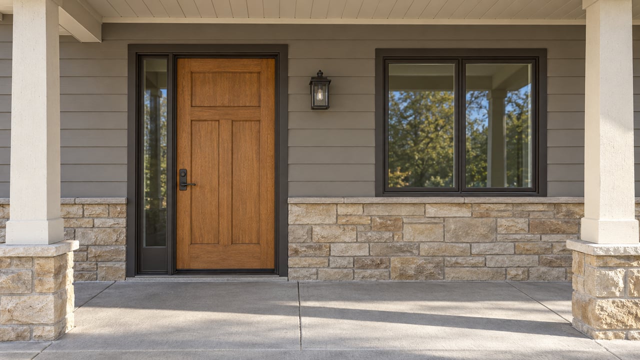 Sunlit residential porch with a closed wood front door, painted lap siding, sandstone wall base and a bronze-framed window.