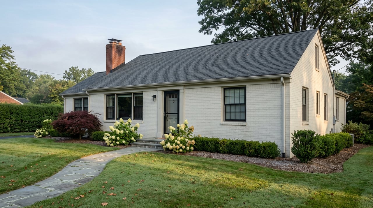 Off-white brick home with a curving bluestone walkway, burgundy Japanese maple, and oak canopy over the lawn.