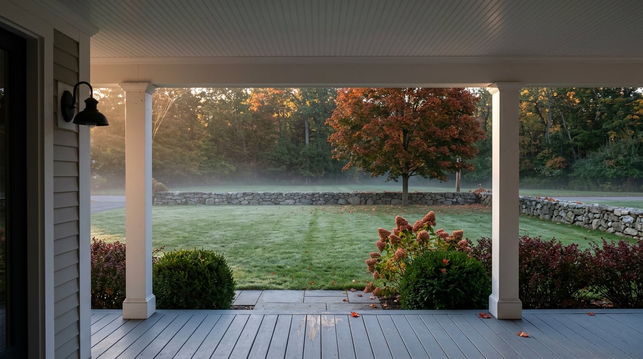 Covered porch frames a frosty lawn, low fieldstone wall, and orange-red maple beneath a dense tree canopy.
